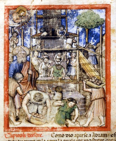 Bouw van de Toren van Babel. Miniatuur uit codex 212 (of padovano codice of Bijbel van Padua) 1390-1400 Rovigo, Accademia dei Concordi door Unknown artist