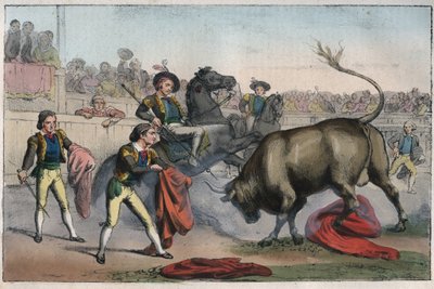 Corrida in Spanje: de picador - Stier die een Picador aanvalt - gravure uit 