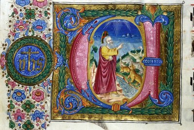 Schepping: God voor de schepselen van de aarde. 15e-eeuws manuscript. Bibl. Nazionale Braidense, Milaan door Unknown artist