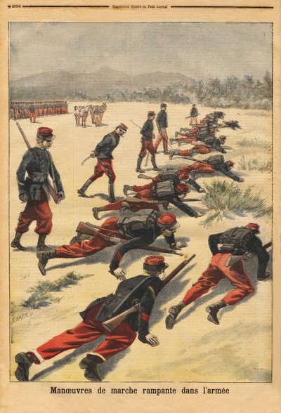 Kruipende manoeuvres in het leger, experimenteren met nieuwe tamponarmbanden, die de handpalm beschermen. Gravure in 