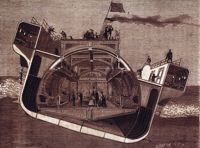 Dwarsdoorsnede van een boot ontworpen tegen zeeziekte door Henry Bessemer (1813-1898). Gravure 19e eeuw. door Unknown artist