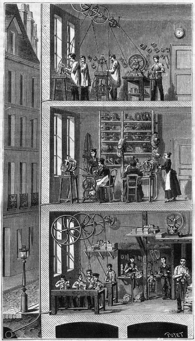 Doorsnede van een huis aan de rue Beaubourg in Parijs, met de verdeling van krachten. - Op de tussenverdieping, fabrikant van borstels; op de 1e verdieping, hoedenmaker; op de 2e verdieping, fabrikant van metalen frames. Onderaan en links zijn de rioolbuis door Unknown artist