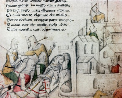 Kruisvaarders die een Moorse vesting aanvallen Illustratie voor het Toscaanse gedicht “Febusso e Breusso” Manuscript MS.B.R.45. 15e eeuw Florence, Nazionale Bibliotheek door Unknown artist