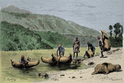 Gebruiken en transportmethoden: huiden van opgeblazen dieren gebruikt om rivieren over te steken. Gravure van de 19e eeuw door Unknown artist