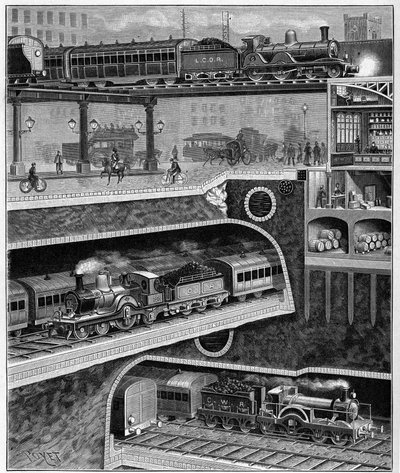 Doorsnede van een straat in Londen naar Engeland in 1898. Gravure uit 1898. in 