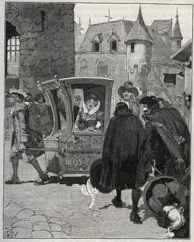 Bestek: schippers omringen de stoel van Marie de Rabutin-Chantal (Rabutin Chantal), markiezin de Sévigné genaamd Madame de Sévigné (1626-1696) om hem messen te verkopen bij zijn aankomst in Nogent (Haute Marne) in 1675. Gravure uit 1885 in “Les arts et mét door Unknown artist