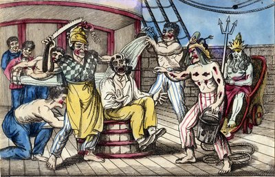 Dagelijks leven aan boord van oorlogsschepen: ontgroeningsscène tijdens de passage van de evenaar. Begin 19e eeuw door Unknown artist