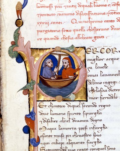 Dante Alighieri: Divina Commedia (Goddelijke Komedie) incipit van Purgatorio. Dante en Virgil. manuscript uit de 14e eeuw. Milano bibl. Trivulziana door Unknown artist