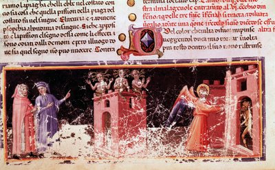Dante en Vergilius bij de poort van Dite bewaakt door de furieën (canto 9 uit de Hel, in de Goddelijke Komedie) - miniatuur door Unknown artist