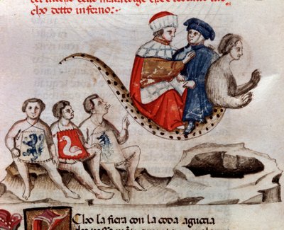 Dante en Virgil rijden op de rug van Geryon (lied 17 uit de Hel, in de Goddelijke Komedie) - miniatuur 15e eeuw door Unknown artist
