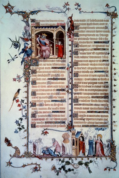 David bedreigd door Saul. Allegorie van hebzucht. Sacrament van de Communie. Allegorie van liefdadigheid. Miniatuur uit het Psalm Breviaire de Belleville door Unknown artist