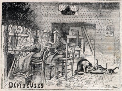 Devideuses - Atelier de Canut - interieur van een zijdeweverswerkplaats in Lyon gravure in 