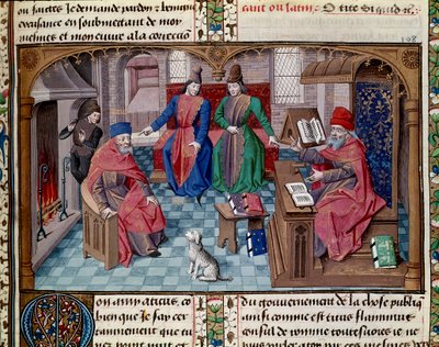 Dialoog tussen Tulle, Atticus, Scipio Africanus en Lelius Romeins consul. Miniatuur uit 