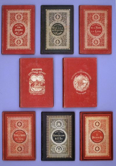 Verschillende omslagen van boeken van Jules Verne uitgegeven in Hetzel-edities. Verne bibliotheekcollectie. Parijs. door Unknown artist