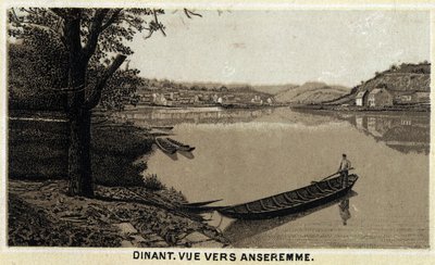 Diner, uitzicht richting Anseremme, en rivier Lesse, Waalse Regio van België. Chromolithografie van de late 19e eeuw. door Unknown artist