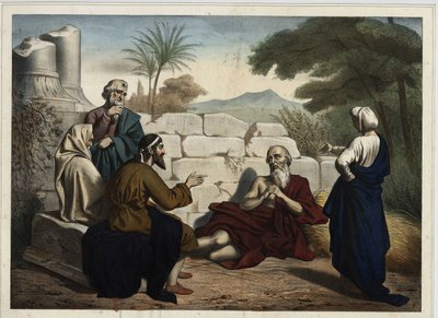 Discussie tussen Job en zijn vrienden over Jobs tegenslagen: God test Jobs religieuze geloof dat zijn trouw aan God bewijst door zijn tegenslagen uit te leggen als straf voor zijn zonden. Anonieme gravure uit het midden van de 19e eeuw. door Unknown artist