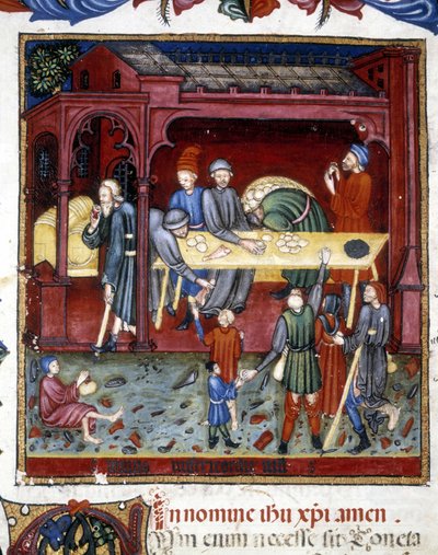 Verdeling van brood en schoenen aan oud en arm. 1422. door Unknown artist