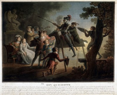 Don Quichot en Sancho op een houten paard door Unknown artist