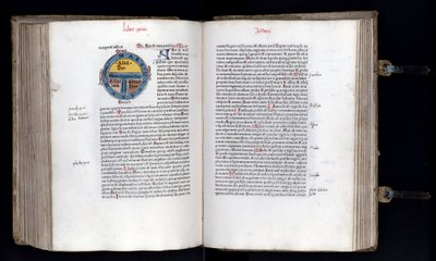 Dubbele pagina met de schematische kaart van de wereld op het T-O model door Unknown artist