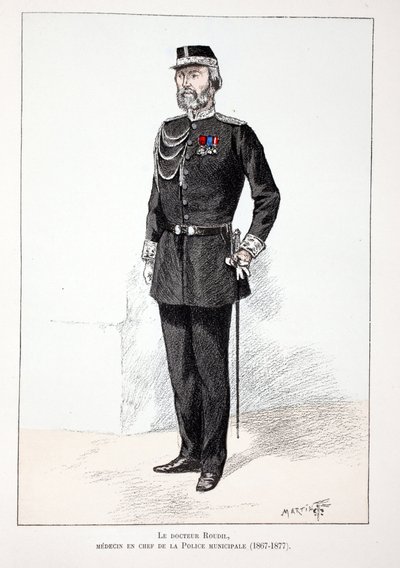 Dr. Roudil, hoofdarts van de gemeentepolitie (1867-1877). Kleurgravure, ter illustratie van het boek Histoire du corps des gardiens de la paix, gepubliceerd onder auspiciën van Louis Lepine (1846-1933) prefect van politie van de Seine, door Alfred Rey (186 door Unknown artist