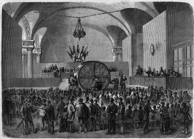 Loting voor obligaties die moeten worden terugbetaald behorend tot de twee leningen aangegaan door de stad Parijs in 1855 en 1866. Hotel de Ville de Paris, 2 februari. door Unknown artist