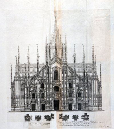 Tekening van de gevel van de Duomo van Milaan die de uniformiteit met het gebouw toont. Veel architecturale projecten werden rond de 17e eeuw ontworpen om de gevel te voltooien die onafgewerkt was gebleven door Unknown artist