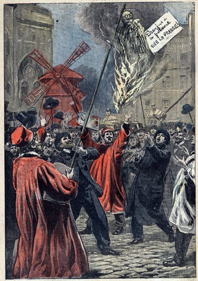 Dreyfus-affaire - Parijs - 1898: antisemitische manifestatie in Montmartre. Een beeltenis van Martin Dreyfus, Alfred