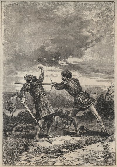 Duel en dood van Oak Torquil - 19e-eeuwse illustratie voor de historische roman 