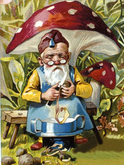 Dwerg of farfadet schilt aardappelen. Chromolithografie uit de 19e eeuw door Unknown artist