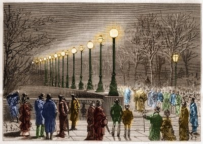 Elektrische verlichting: vloerlampen van Victoria Quay in Londen, Groot-Brittannië. Gravure in “La Nature” door Unknown artist