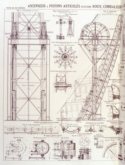 Lift en scharnierende zuigers van de Eiffeltoren (Roux-Combaluzier systeem) - industrieel ontwerp door Unknown artist