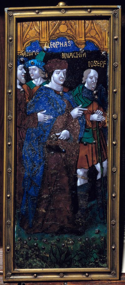 Emaille plaat met bijbelse figuren van Salome, Cleophas, Joachim en Jozef door Unknown artist