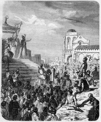 Einde van het Karolingische Rijk: Afzetting van Karel III de Dikke (839-888) Keizer van het Westen (881 - 888) en Regent van Frankrijk (884 - 887) in 887. Gravure in 