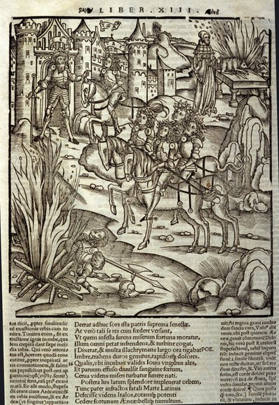 Eneide van Virgil (70 v.Chr.-19 v.Chr.), boek XIII (supplementum), de Trojaanse held Enee ontvangt de Latijnen, offers worden gebracht ter ere van de oorlogsslachtoffers. Houtsnede door Sebastian Brant (1458-1521). Straatsburg door Unknown artist