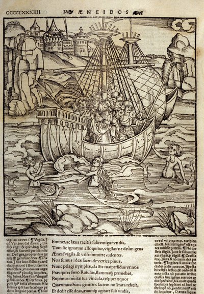 Eneide van Virgil (70 v.Chr.-19 v.Chr.), de Trojaanse held Enee en zijn metgezellen steken een zee vol sirenen over. Houtsnede door Sebastian Brant (1458-1521). Straatsburg door Unknown artist