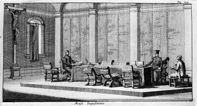 Gravure die een ondervraging in het Tribunaal van de Inquisitie voorstelt. 17e eeuw door Unknown artist