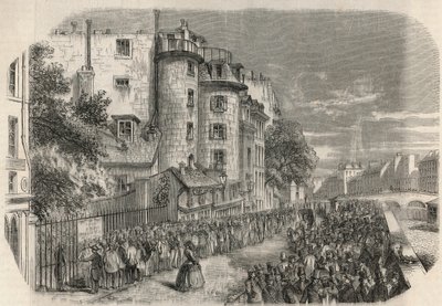 Ingang van de politieprefectuur door rue de Jerusalem op de hoek van Quai des Orfevres in Parijs in de 19e eeuw voor 1871 - Gravure in 