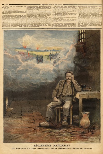 Eugene Turpin (1848-1927) chemicus, uitvinder in 1884 van meliniet (een explosief), in zijn cel, beschuldigd (ten onrechte) van het verkopen van zijn uitvinding aan de vijand. Hij inspireert Jules Verne voor het personage van Thomas Roch in de roman 