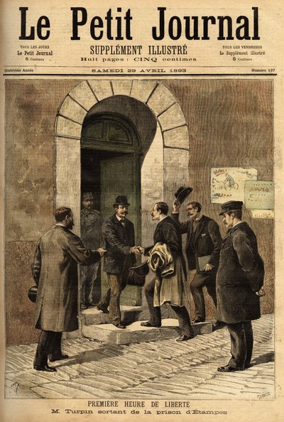 Eugene Turpin (1848-1927), chemicus, uitvinder in 1884 van meliniet (een explosief), ten onrechte beschuldigd van het verkopen van zijn uitvinding aan de vijand, werd onschuldig bevonden en vrijgelaten uit de gevangenis van Etampes. Gravure in 