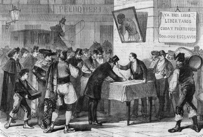Gebeurtenissen in Spanje in 1885: openbare inschrijving in Madrid voor de aankoop van slaven uit Cuba en Puerto Rico door Unknown artist