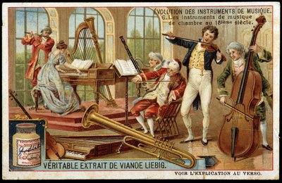 Evolutie van muziekinstrumenten: kamermuziekinstrumenten in de 18e eeuw - chromo Liébig. door Unknown artist