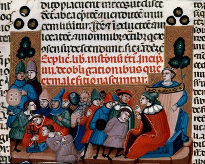 Uitvoering van een miniatuurvonnis uit de Codex Justinianus, een verzameling wetten en instellingen herzien onder de Romeinse keizer Justinianus I van Byzantium (483-565) door Unknown artist