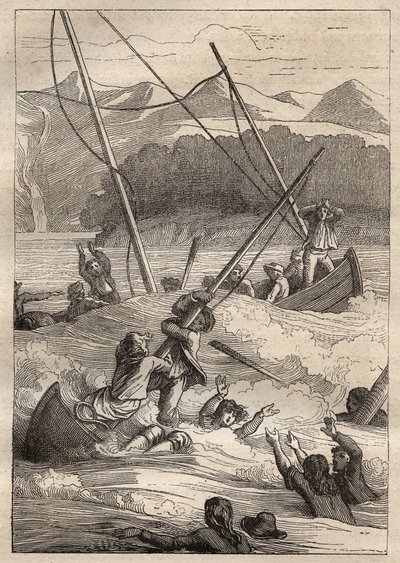 Expeditie rond de wereld (1785-1788) door Jean Francois Galaup de La Perouse (1741-1788): schipbreuk van de boten in de haven van de Fransen (Alaska) - illustratie uit De Grote Zeevaarders van de 18e eeuw door Unknown artist