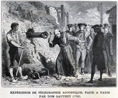 Experiment in akoestische telegrafie, gemaakt in Parijs door Gauthey in 1782, gravure, Bianchetti collectie door Unknown artist