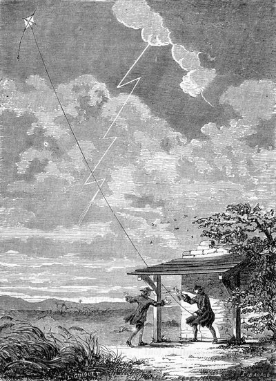 Experiment met de elektrische vlieger uitgevoerd in Philadelphia door Benjamin Franklin, september 1752 - gravure door Unknown artist