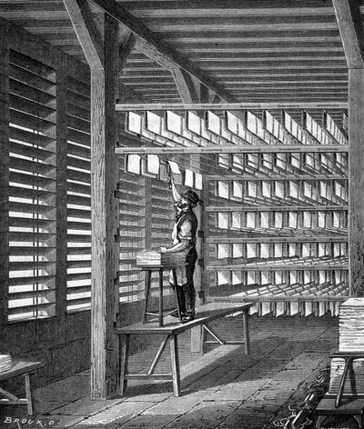 Uitvouwen van vellen papier gemaakt om te vormen in "De wonderen van de industrie" door Louis Figuier, Parijs door Unknown artist
