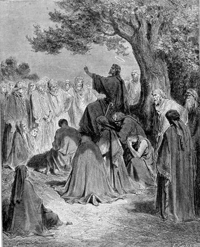 Uittreksel uit het Evangelie van St. Matteüs. Jezus Christus predikt voor de menigte van zijn discipelen. Gravure uit de 19e eeuw. door Unknown artist