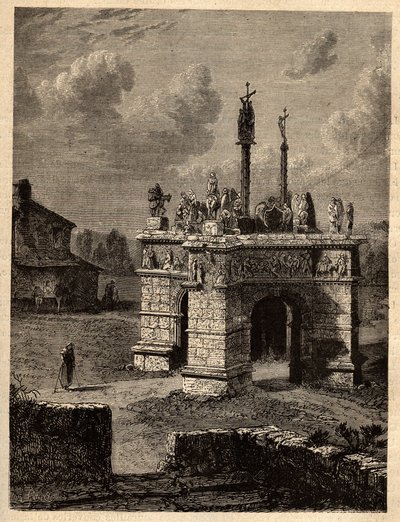 Finistère - Bretagne - Het calvarie van Pleyben - Parochieomheining van Pleyben - gravure in 