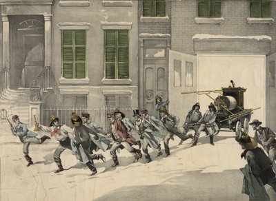 Brandweerlieden vertrekken naar noodoproepen op de brandplaats, aquarel van 1895. VS door Unknown artist