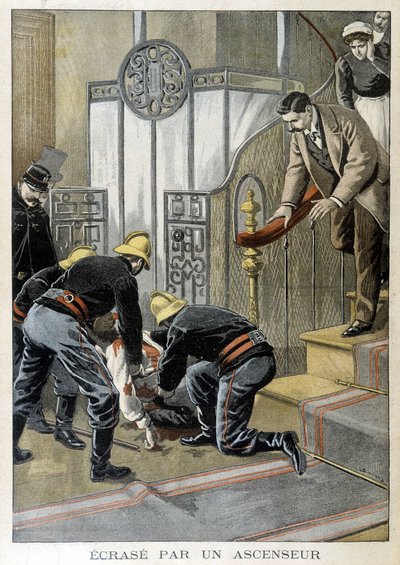 Brandweerlieden redden een man verpletterd door een lift in een Parijs gebouw. Illustratie van de 